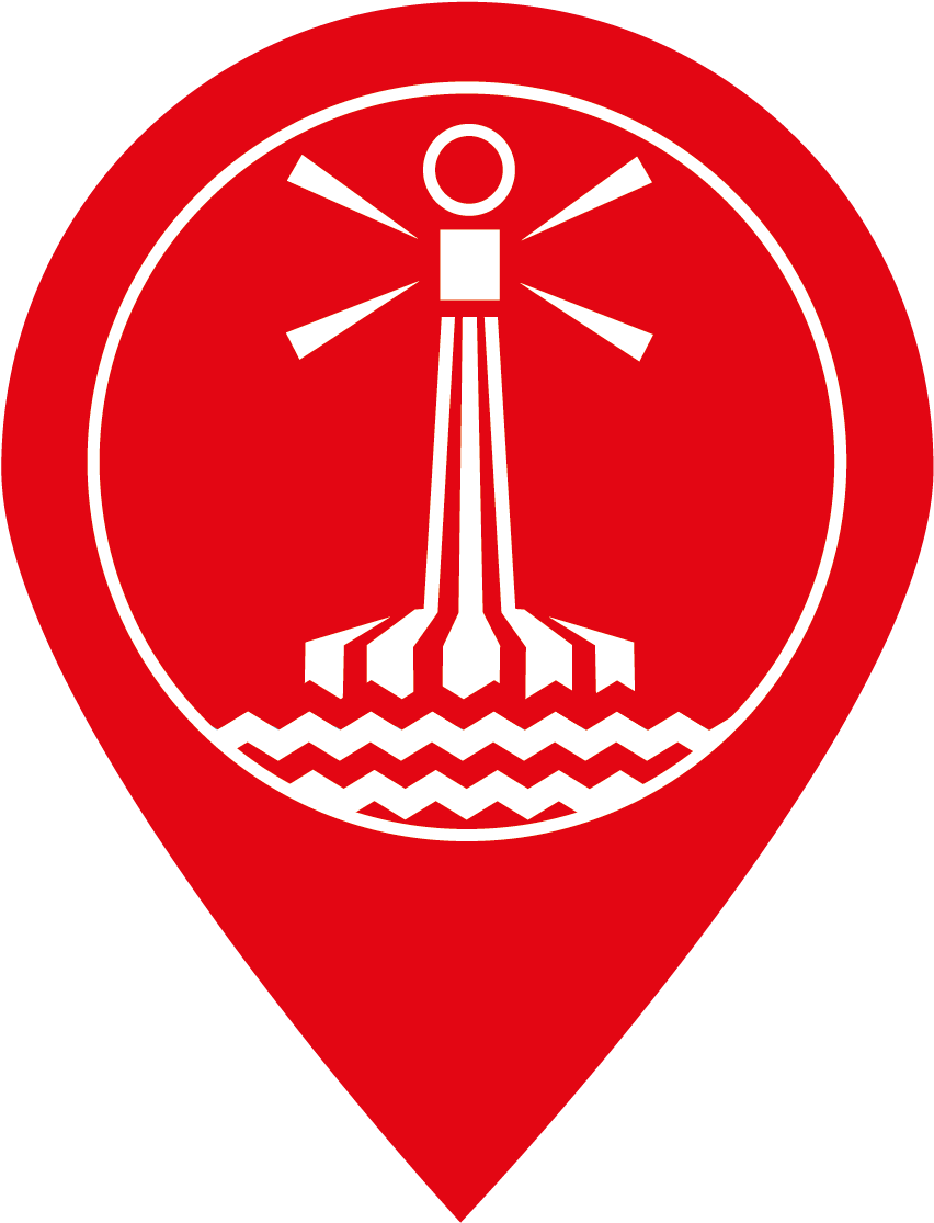 Lighthouse Navigation Icon PNG — A bold red map pin icon with a white stylized lighthouse emitting beams over wavy water inside a circle.