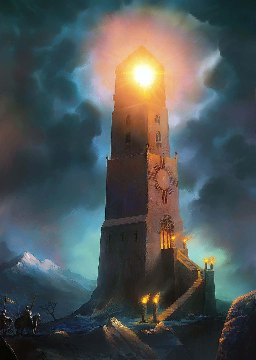 A Painting Of A Tower With A Light Shining On It