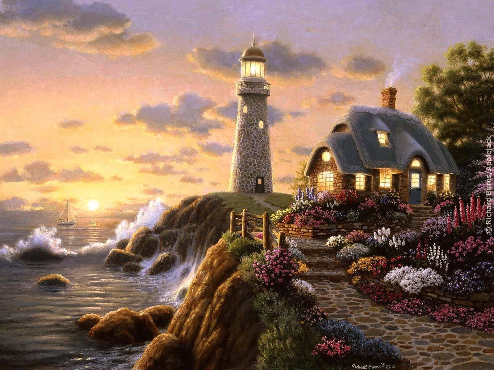 Image  "Idyllic Sunset Scene of A Lighthouse Overlooking The Ocean"