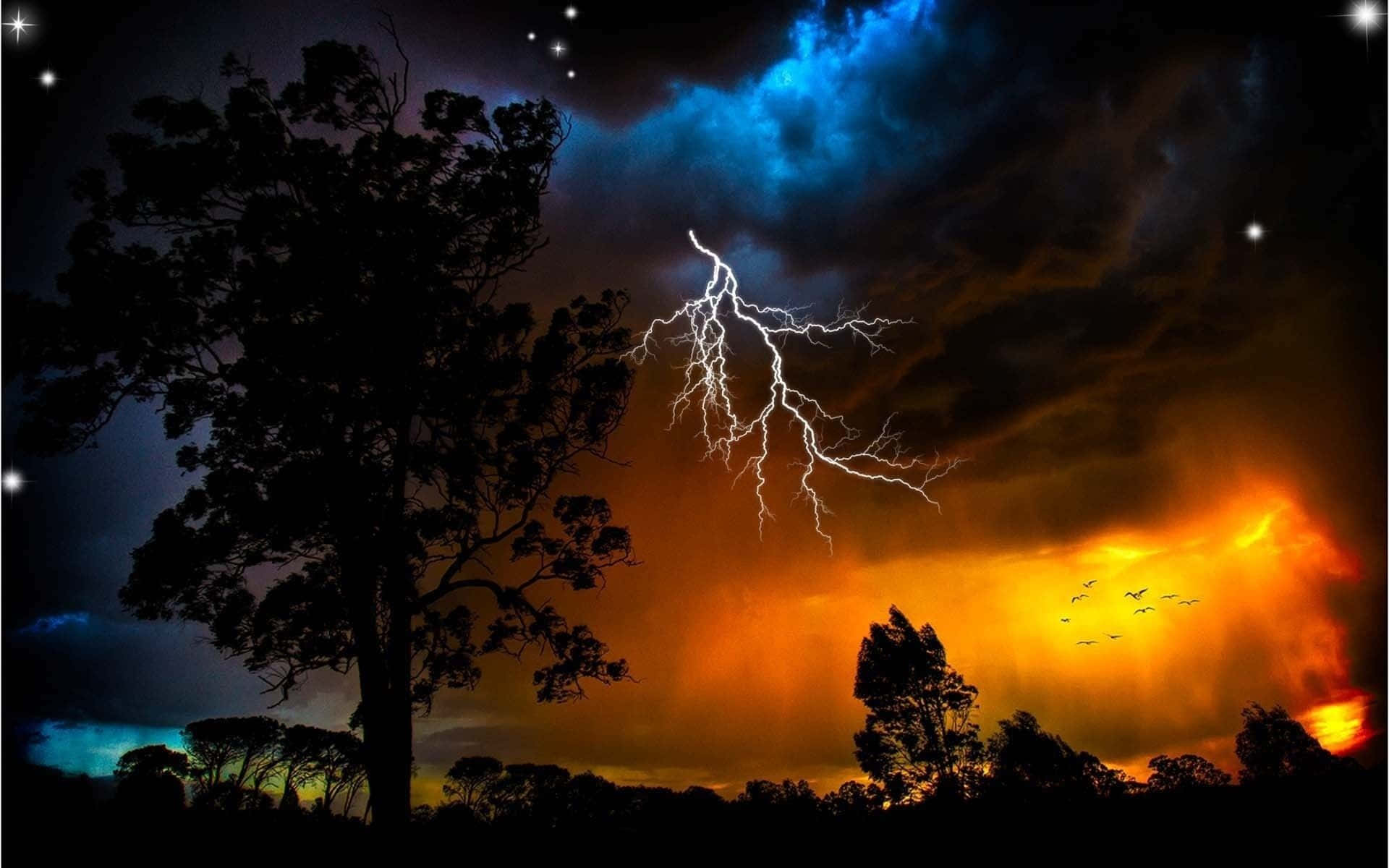 A beautiful night sky illuminated by a bright lightning bolt