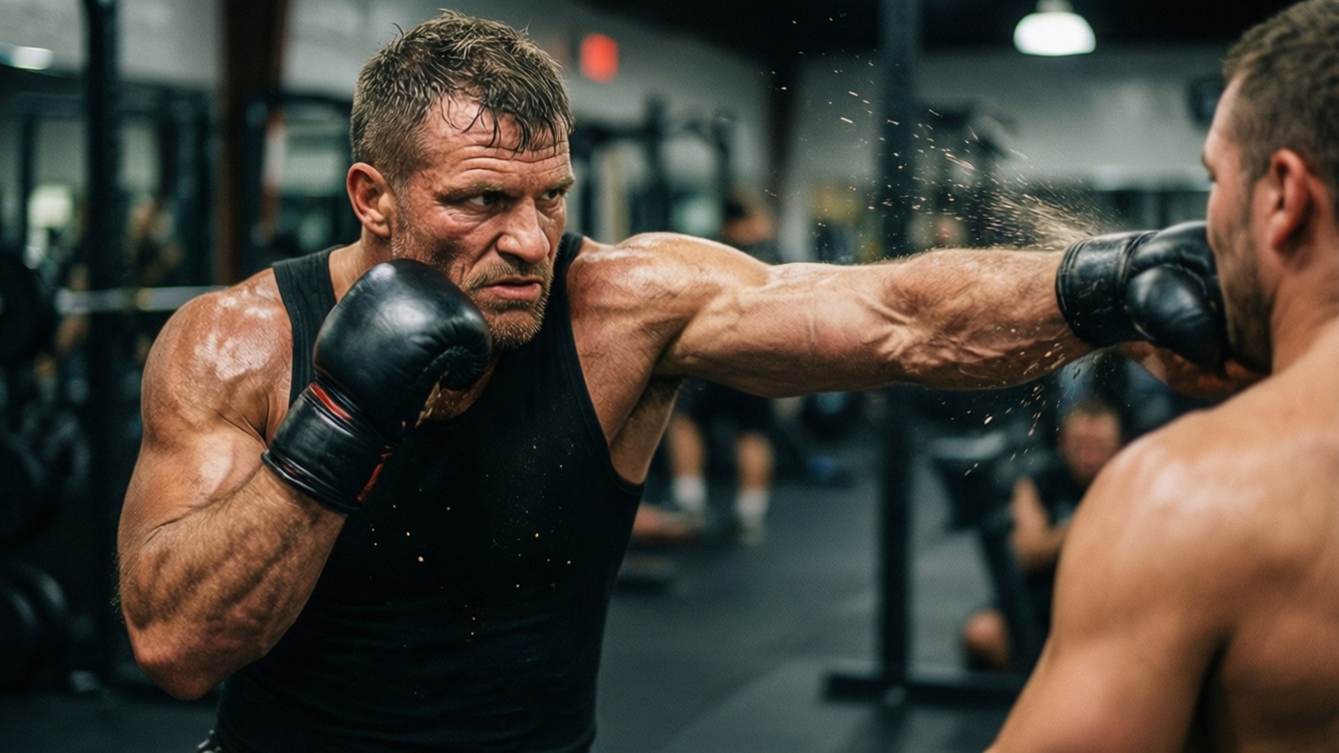 Frank Shamrock levererar en snabb högerkrok i en rå gymmiljö som fångar essensen av hans kampstil.
