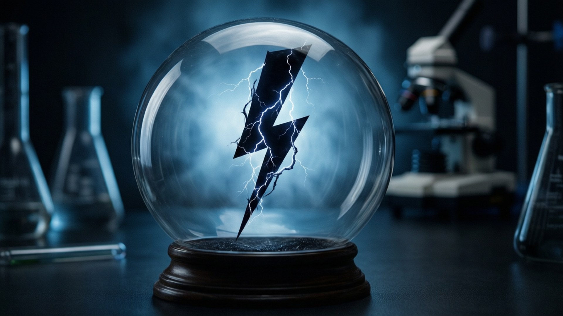 A black lightning bolt captured inside a glass sphere in a dark lab.