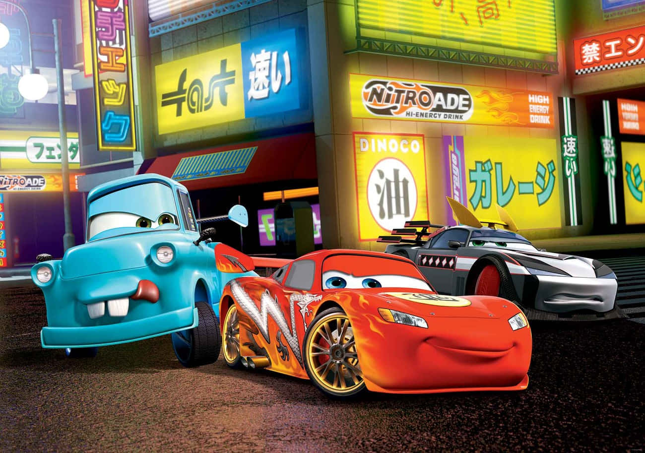 Lightning McQueen racing on the track in an action-packed scene