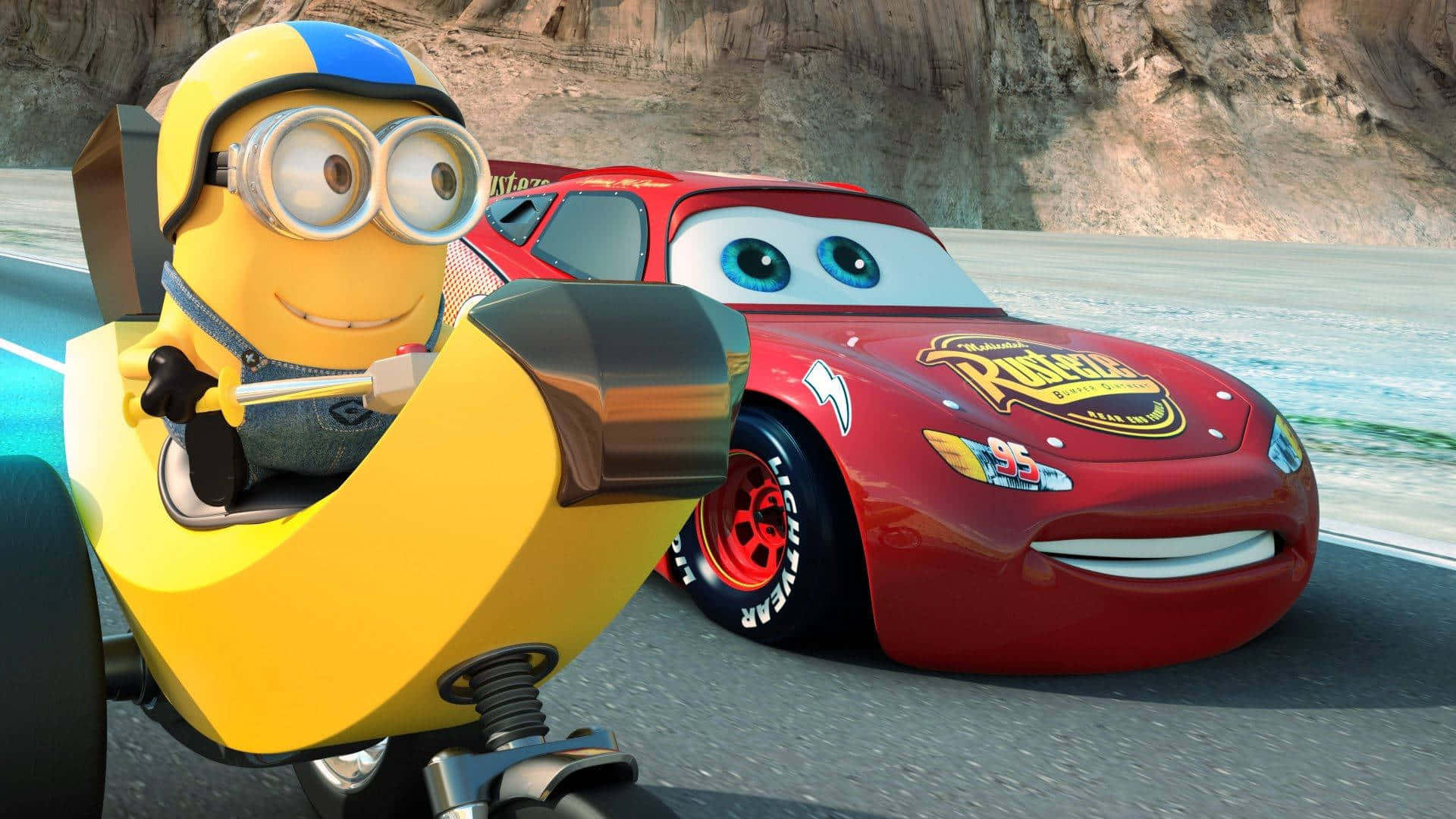 Lightning McQueen racing across an open road in Pixar's Cars