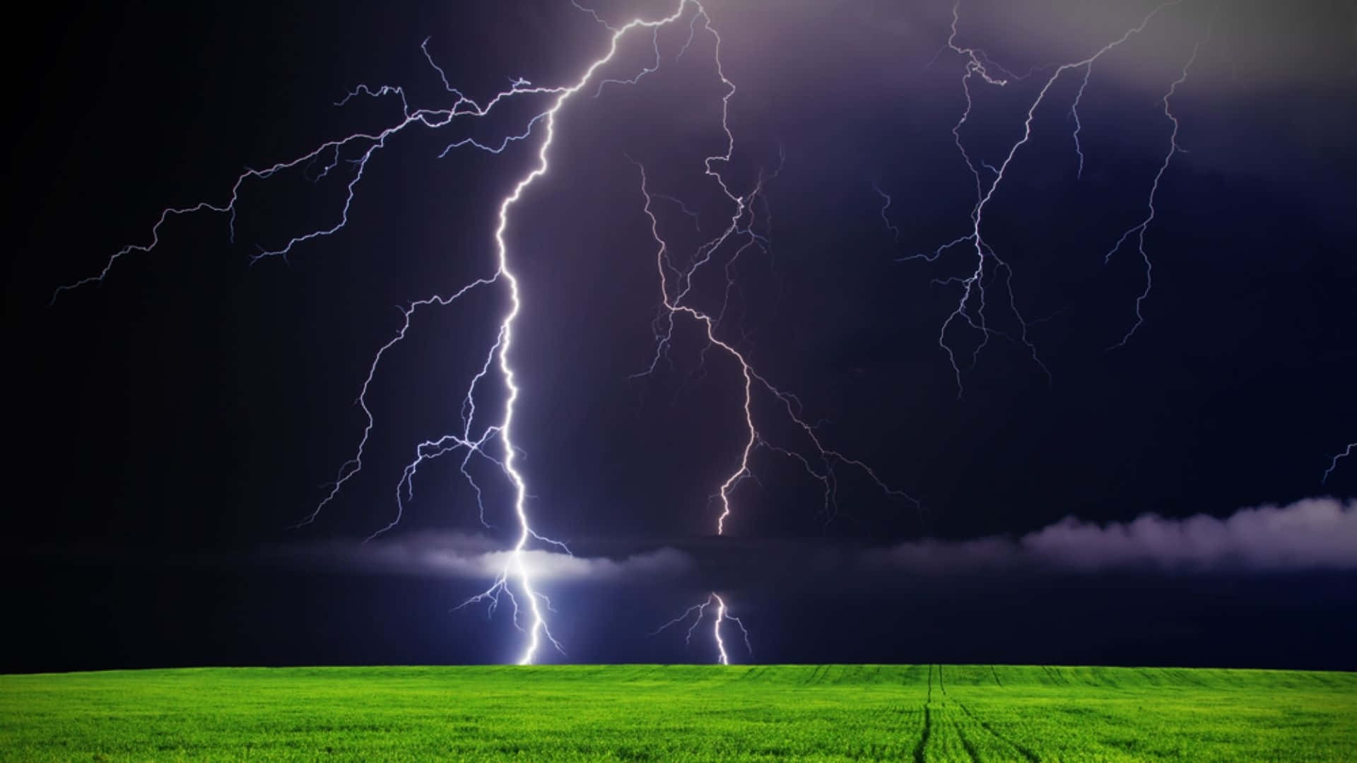 A powerful lightning streak over an empty field