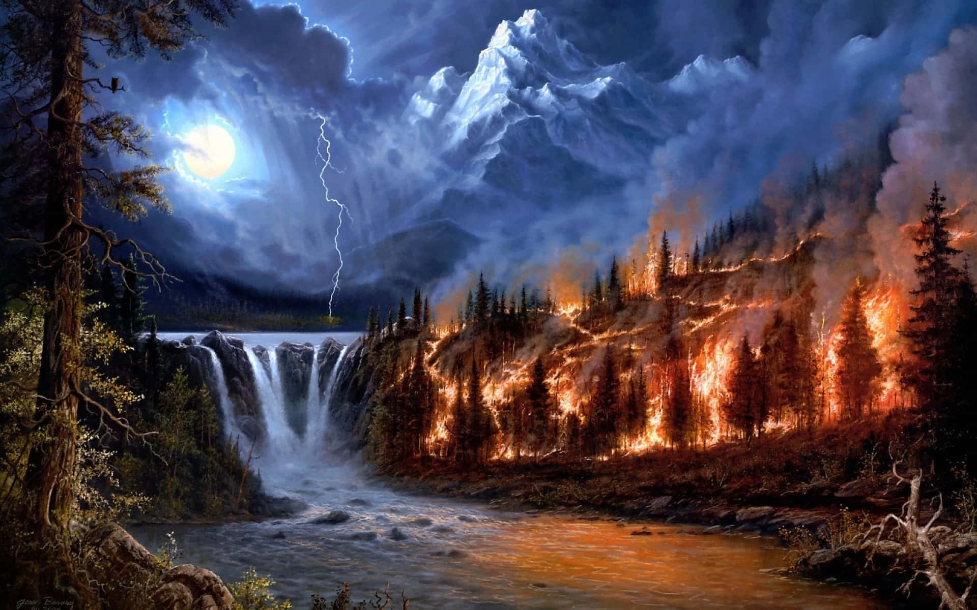 Lightning Storm Moon_ Forest Fire By Waterfall Wallpaper