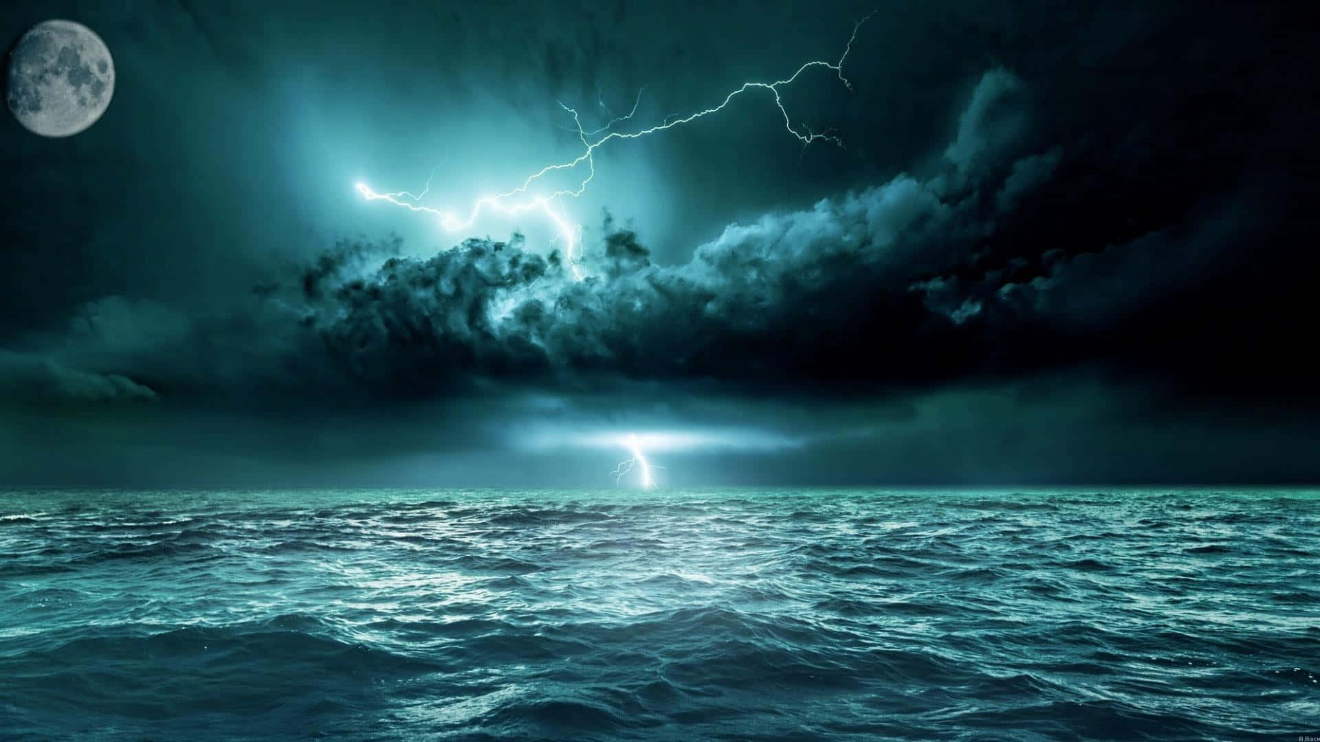 Lightning_ Storm_ Over_ Ocean_with_ Moon Wallpaper