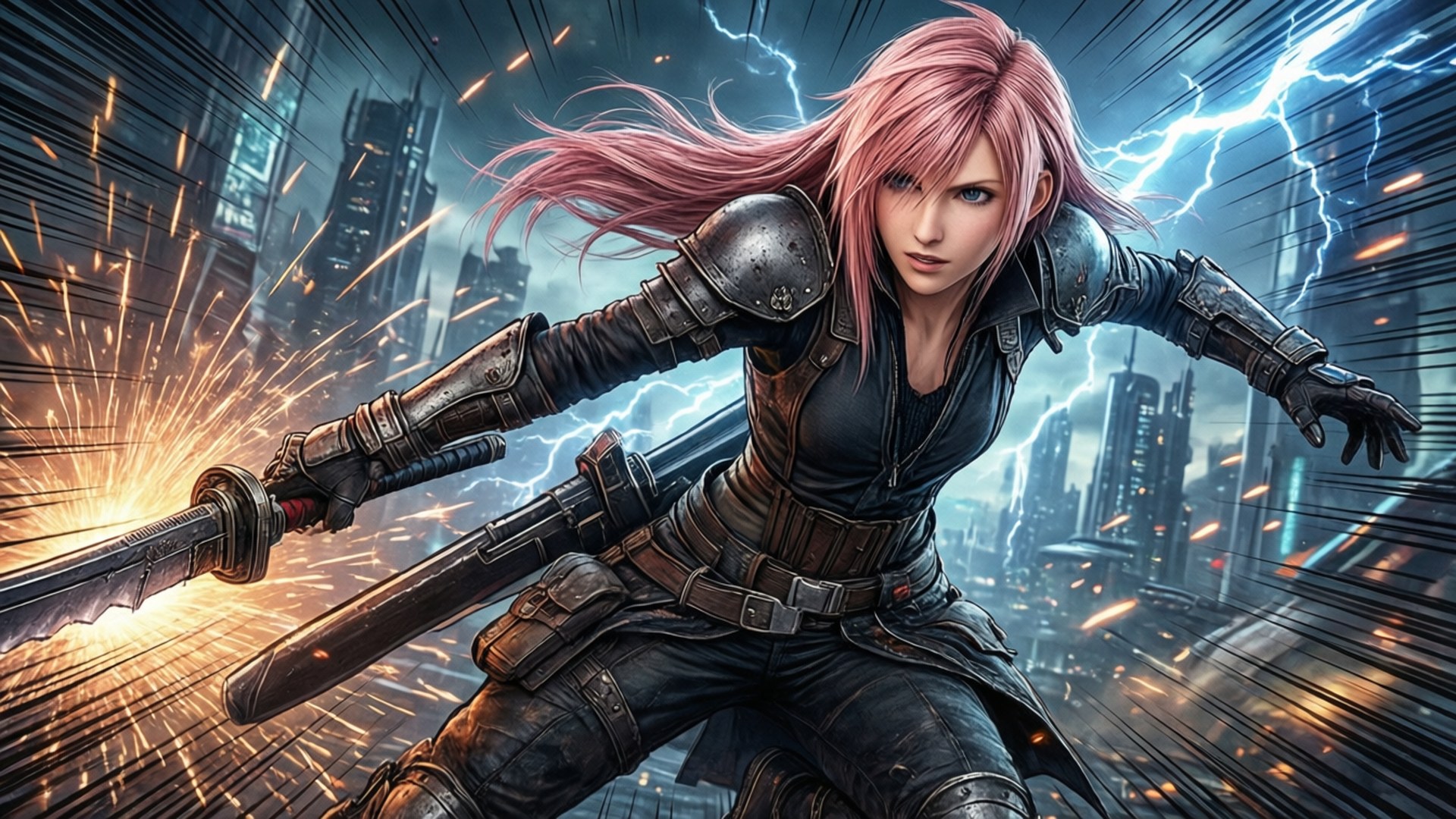 An action-packed wallpaper of Lightning from Final Fantasy XIII in a dynamic pose.