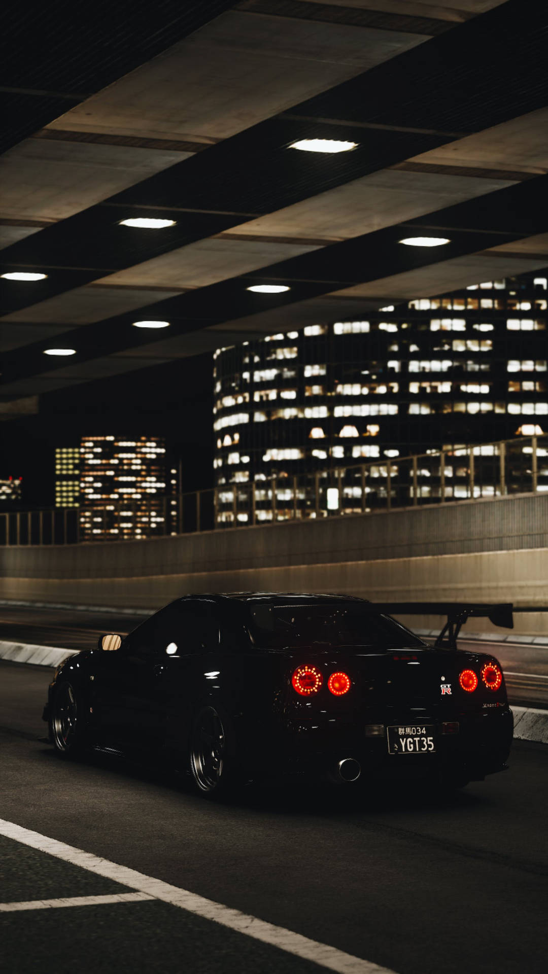 Lights And A Black Nissan GT R 4K Wallpaper