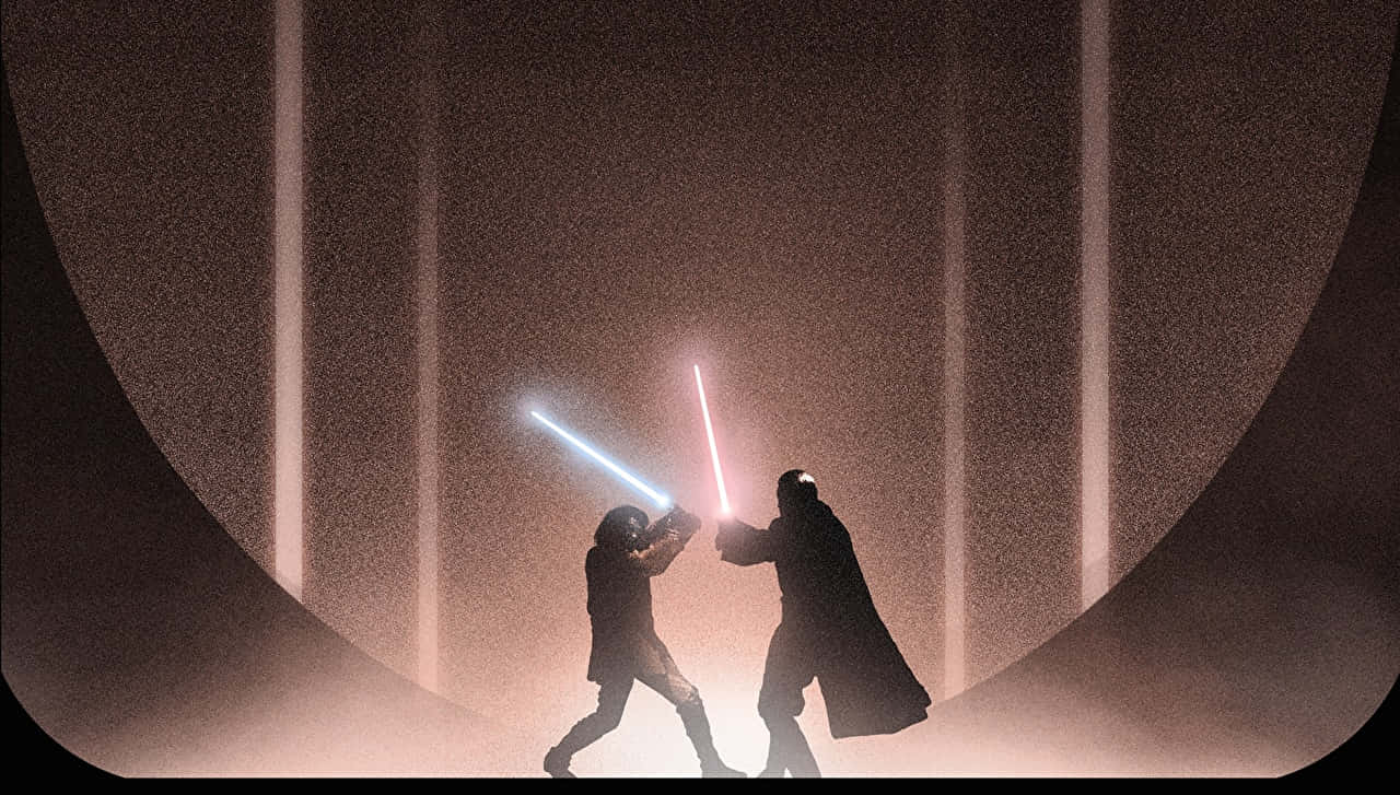 Two Jedi wielding glowing sabers battle in an epic Lightsaber Duel Wallpaper