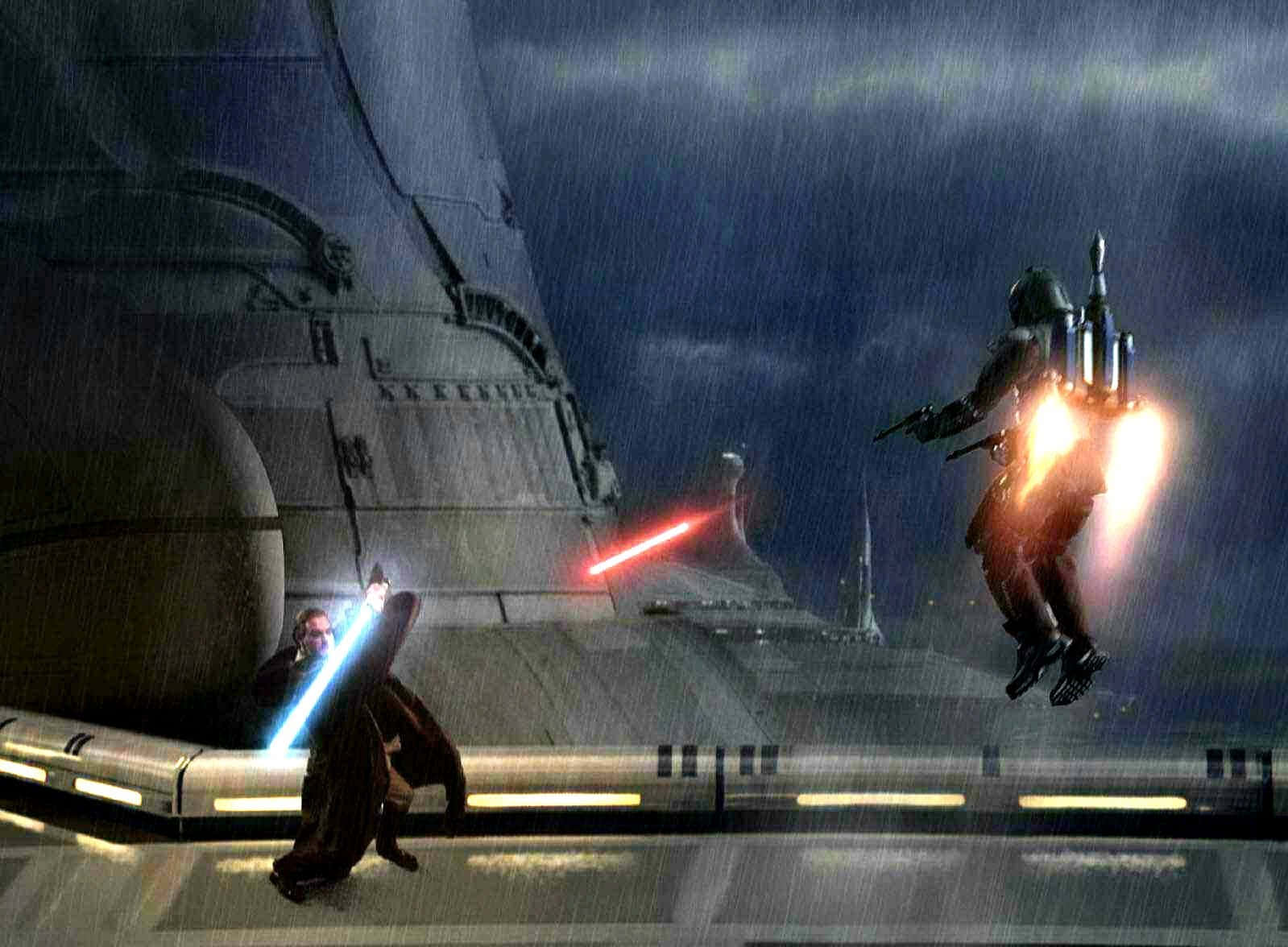 Two Jedi Knights Fighting in an Epic Lightsaber Duel Wallpaper