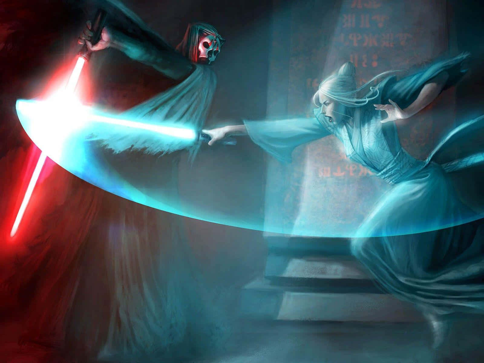 Two skilled combatants face off in a fierce Lightsaber Duel. Wallpaper