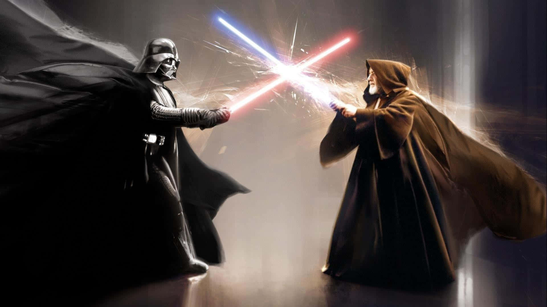 Two Jedi warriors clash in a fierce lightsaber duel Wallpaper