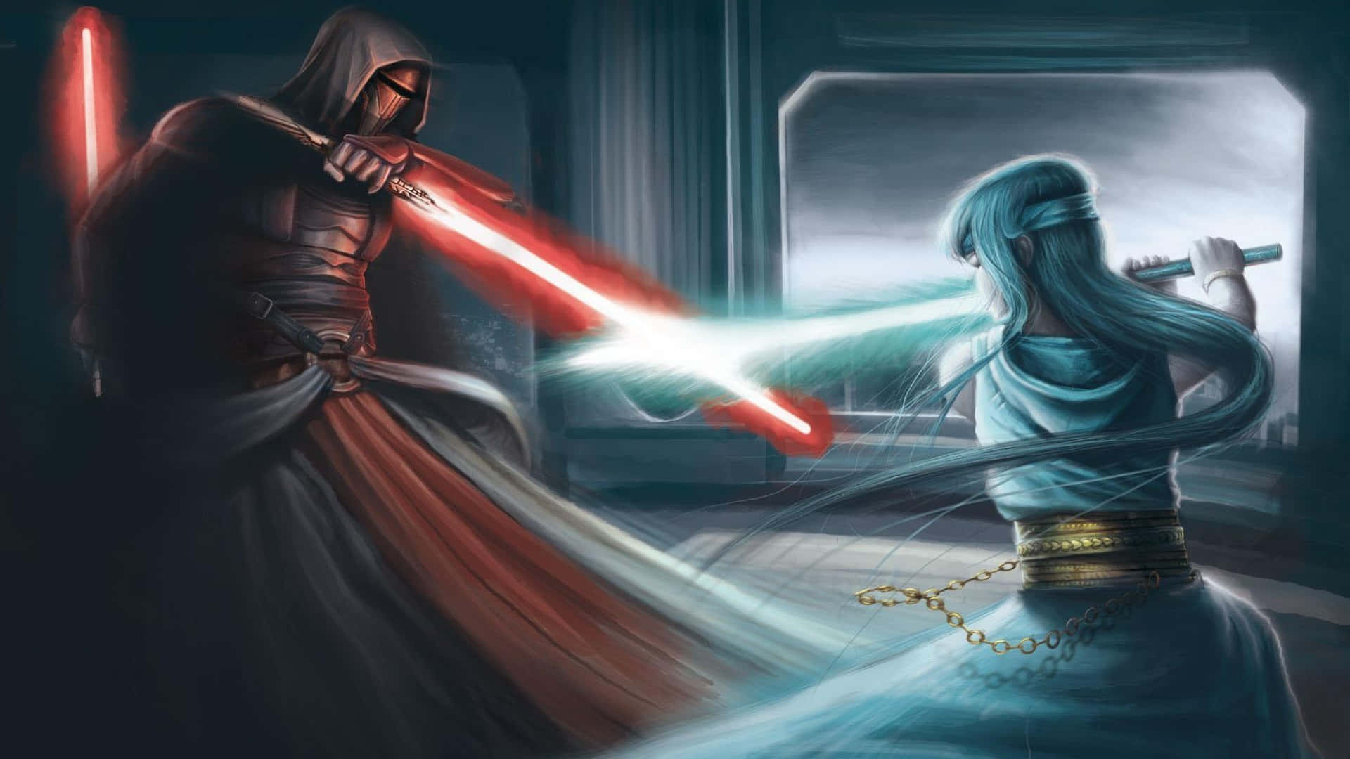 Two Jedi masters in a dazzling lightsaber duel Wallpaper