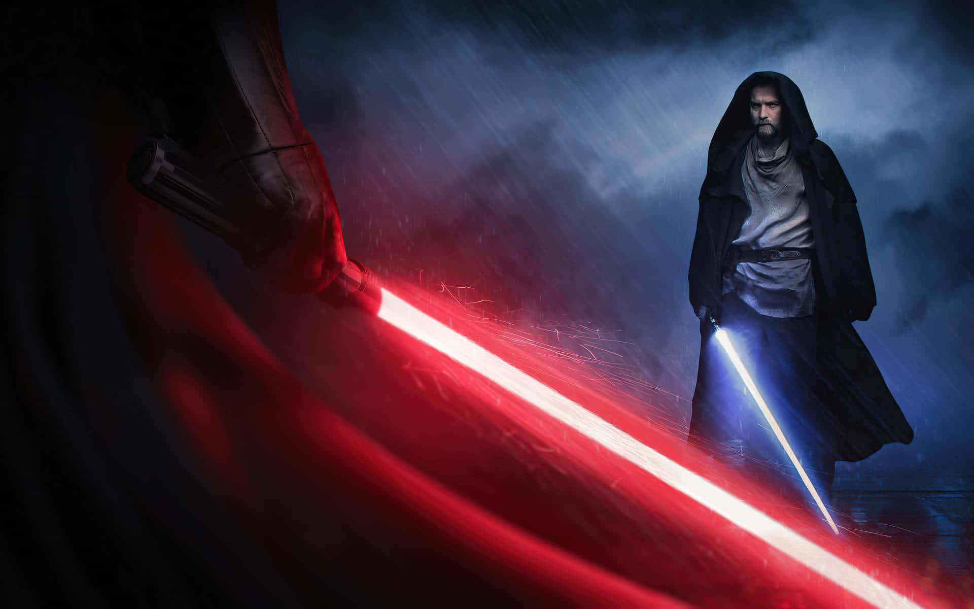 Two Jedi Knights Engaged In An Epic Lightsaber Duel Wallpaper