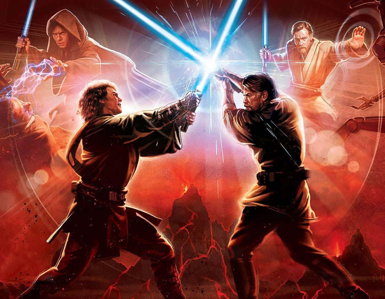 Intense Lightsaber Duel between Fierce Warriors Wallpaper