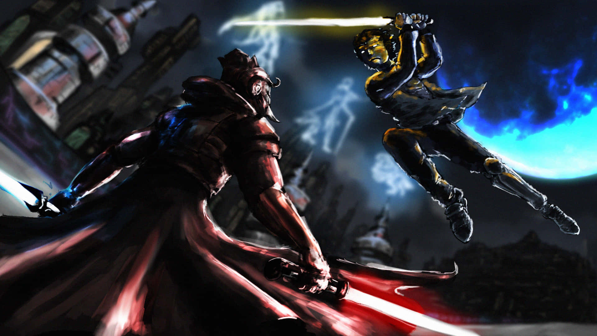 Epic Lightsaber Duel in Battle Wallpaper