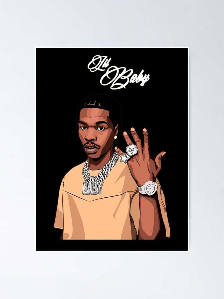 A cartoon of the hip-hop artist Lil Baby, in a bright and colorful outfit. Wallpaper