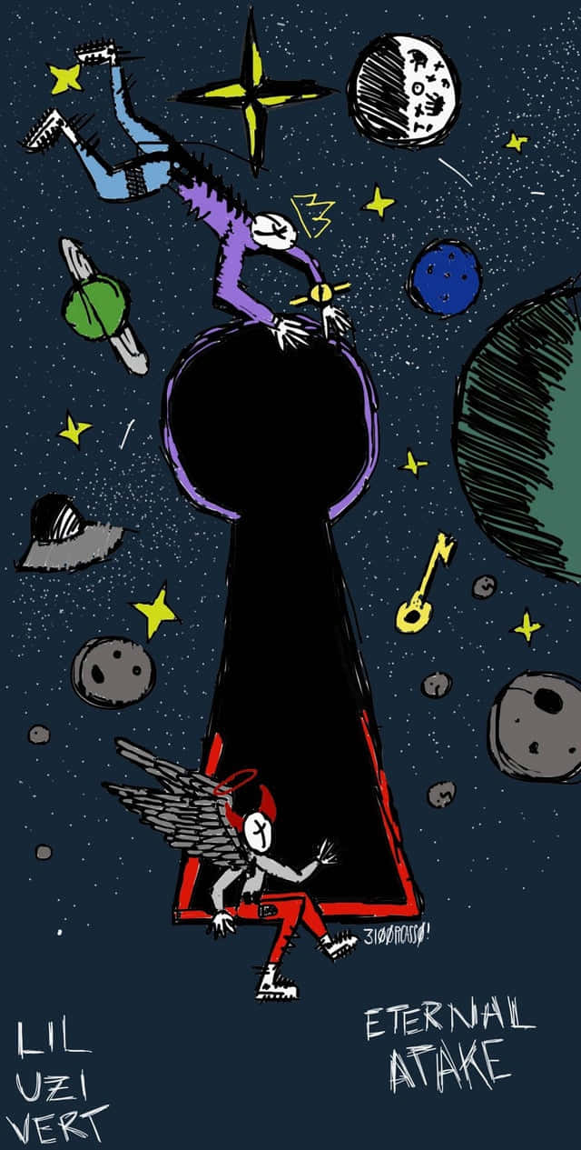Lil Uzi Cartoon With Keyhole And Planets Wallpaper