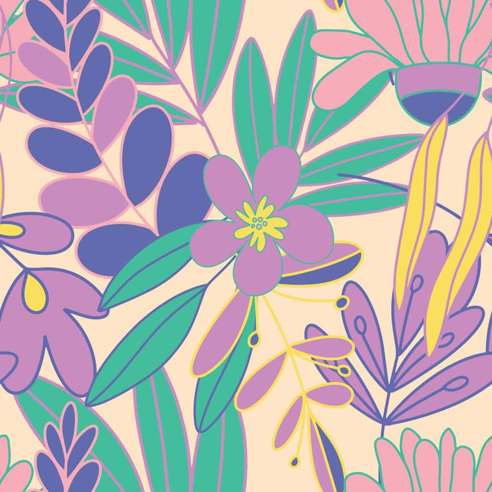 Et farvefuldt blomstermønster med blade og blomster Wallpaper