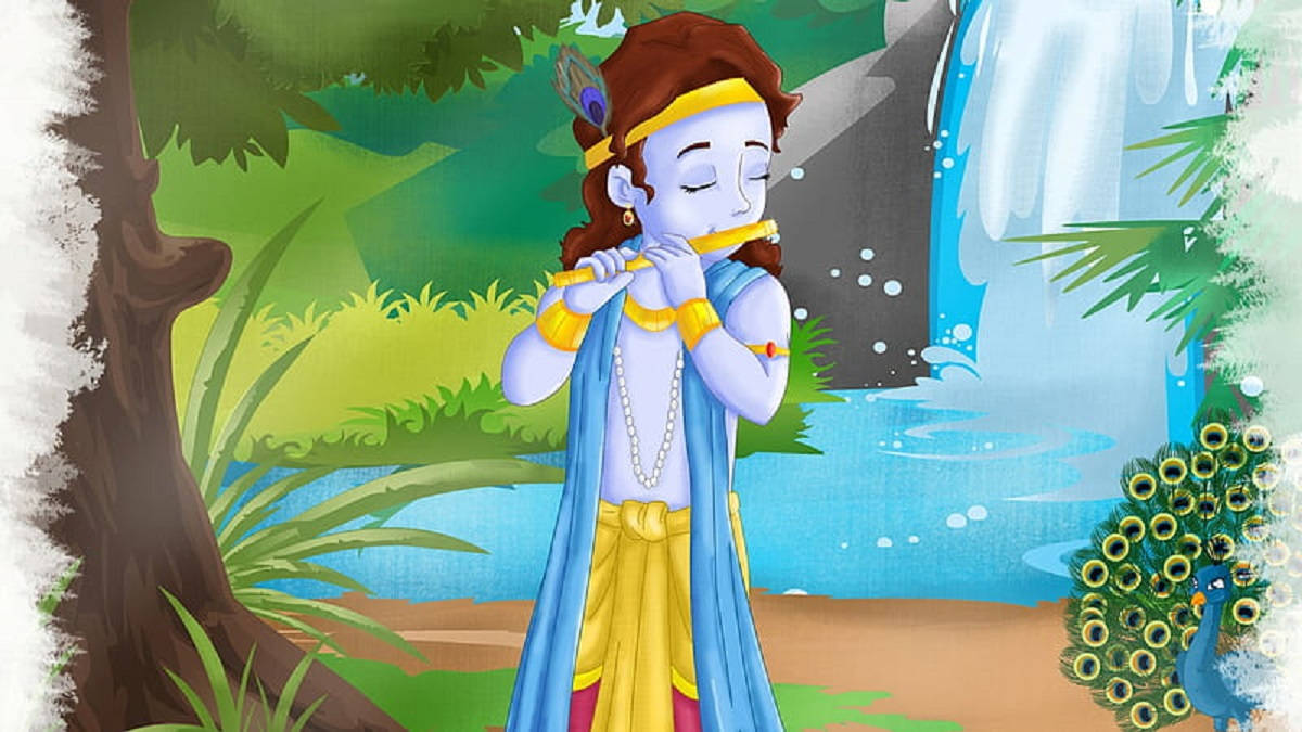 Lille Krishna I Vandfald Wallpaper
