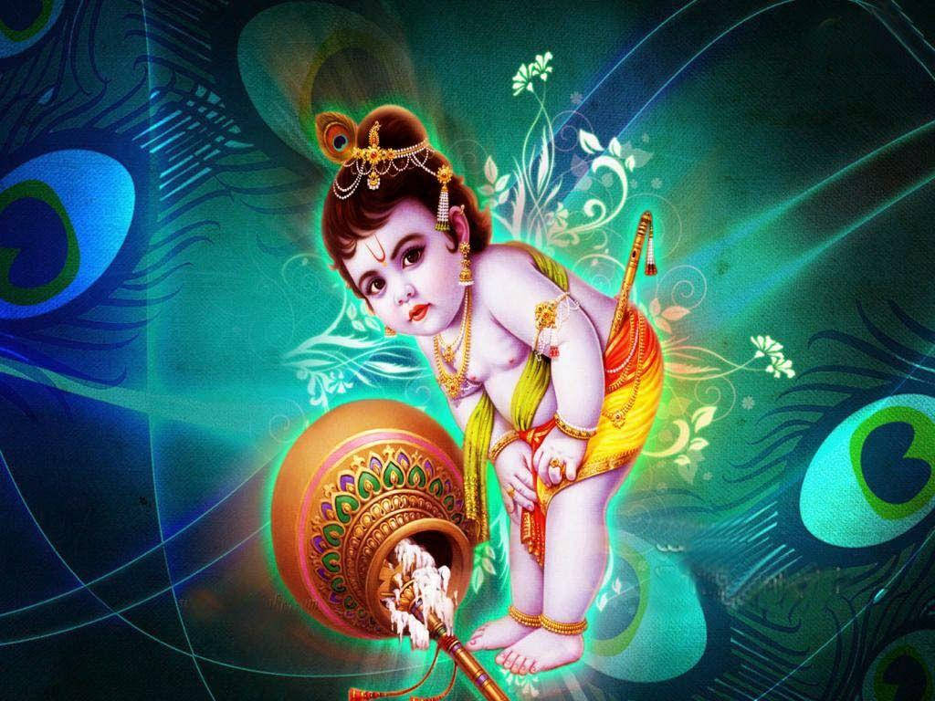 Lille Krishna Med Æstetisk Krukke Wallpaper