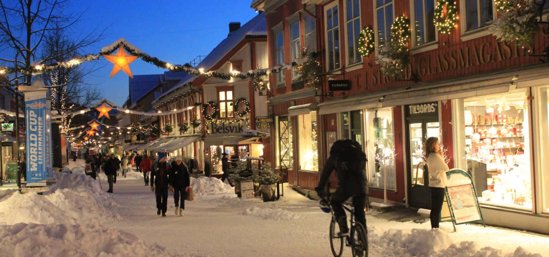 Lillehammer Winter Evening Shopping Street Wallpaper