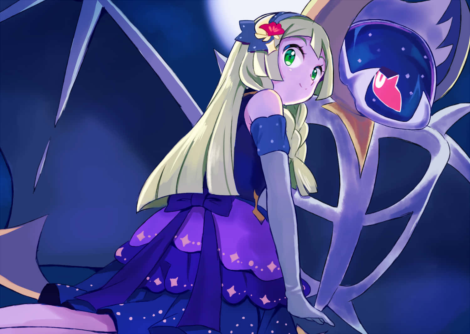 Download Lillie Wearing Gown With Lunala Wallpaper 