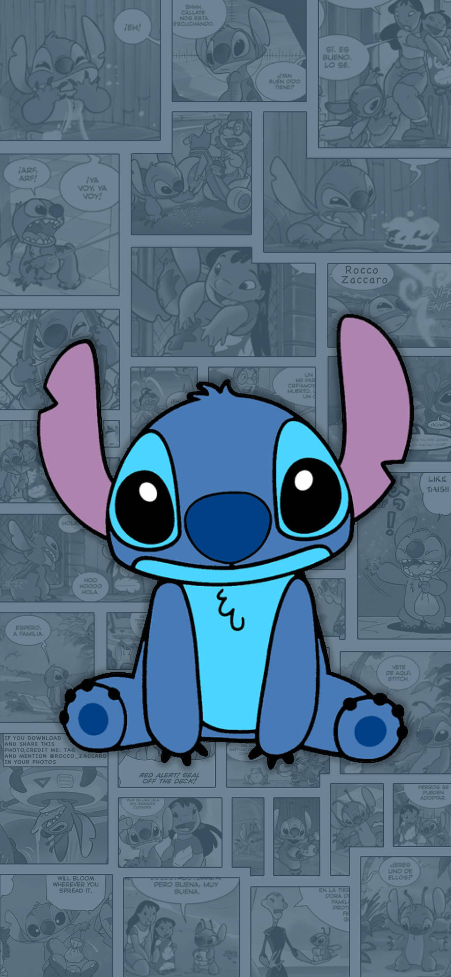 Wallpaper of Stitch in a digital art drawing amid a transparent collage of Lilo and Stitch comics.