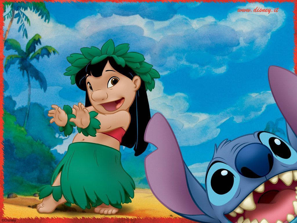 Lilo dancing Hula with a popping head of Stitch wallpaper. 