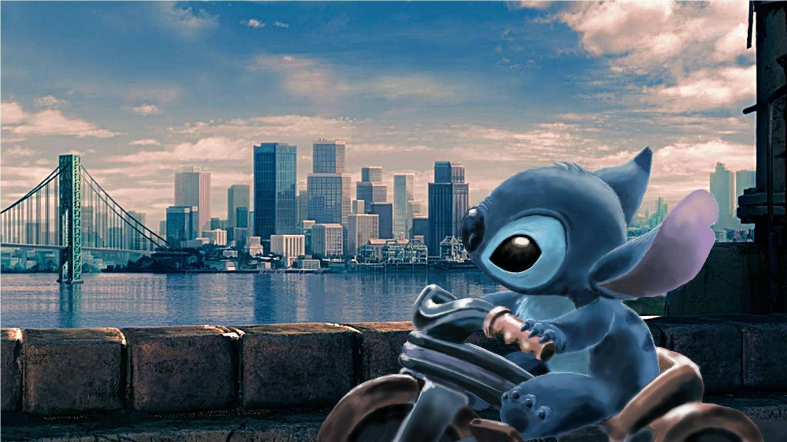 Lilo Stitch Cycling In The City Wallpaper