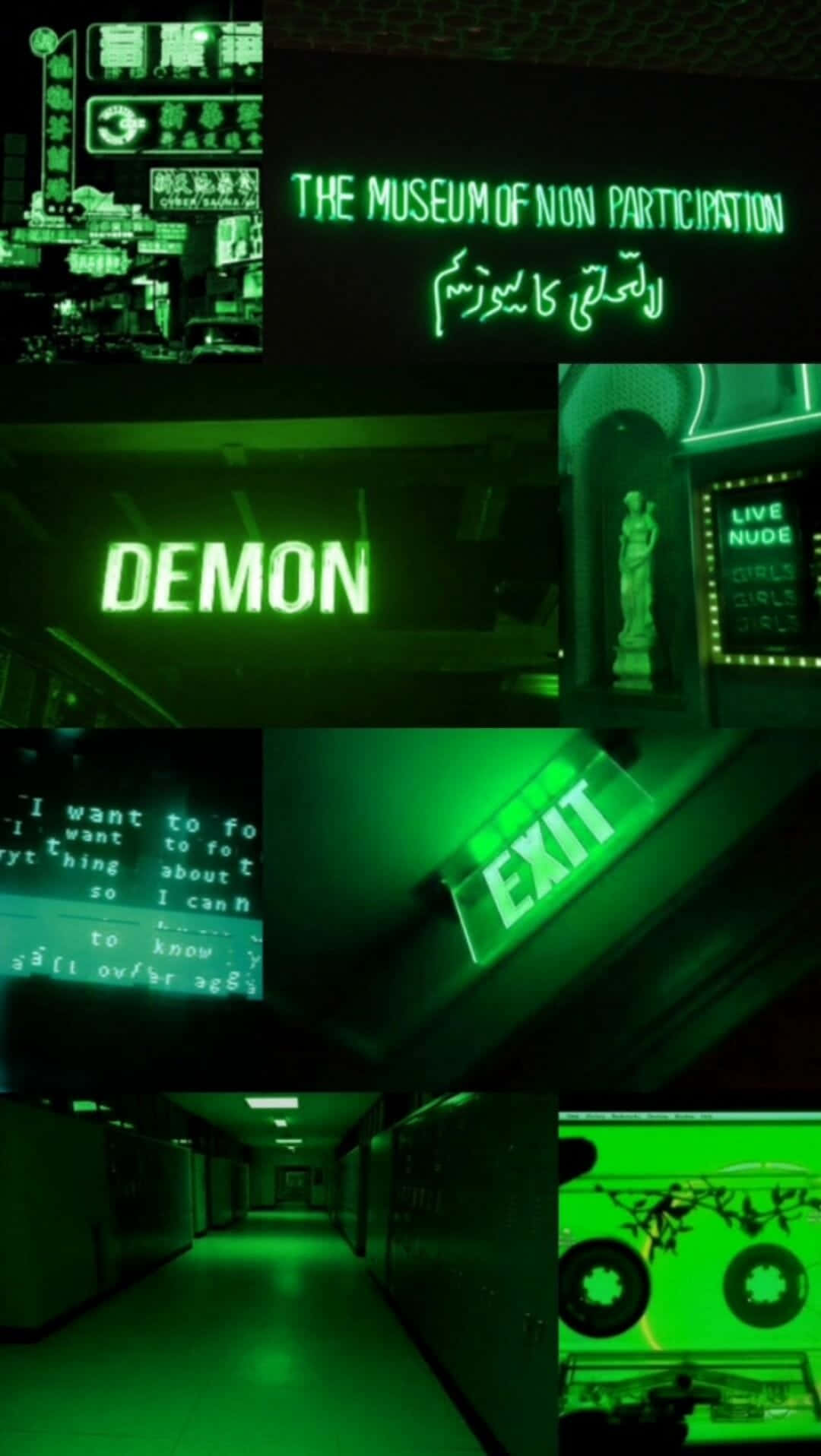 En Collage Af Grønne Neon Skilte Med Ordene Djævel Og Gipsi På Dem. Wallpaper