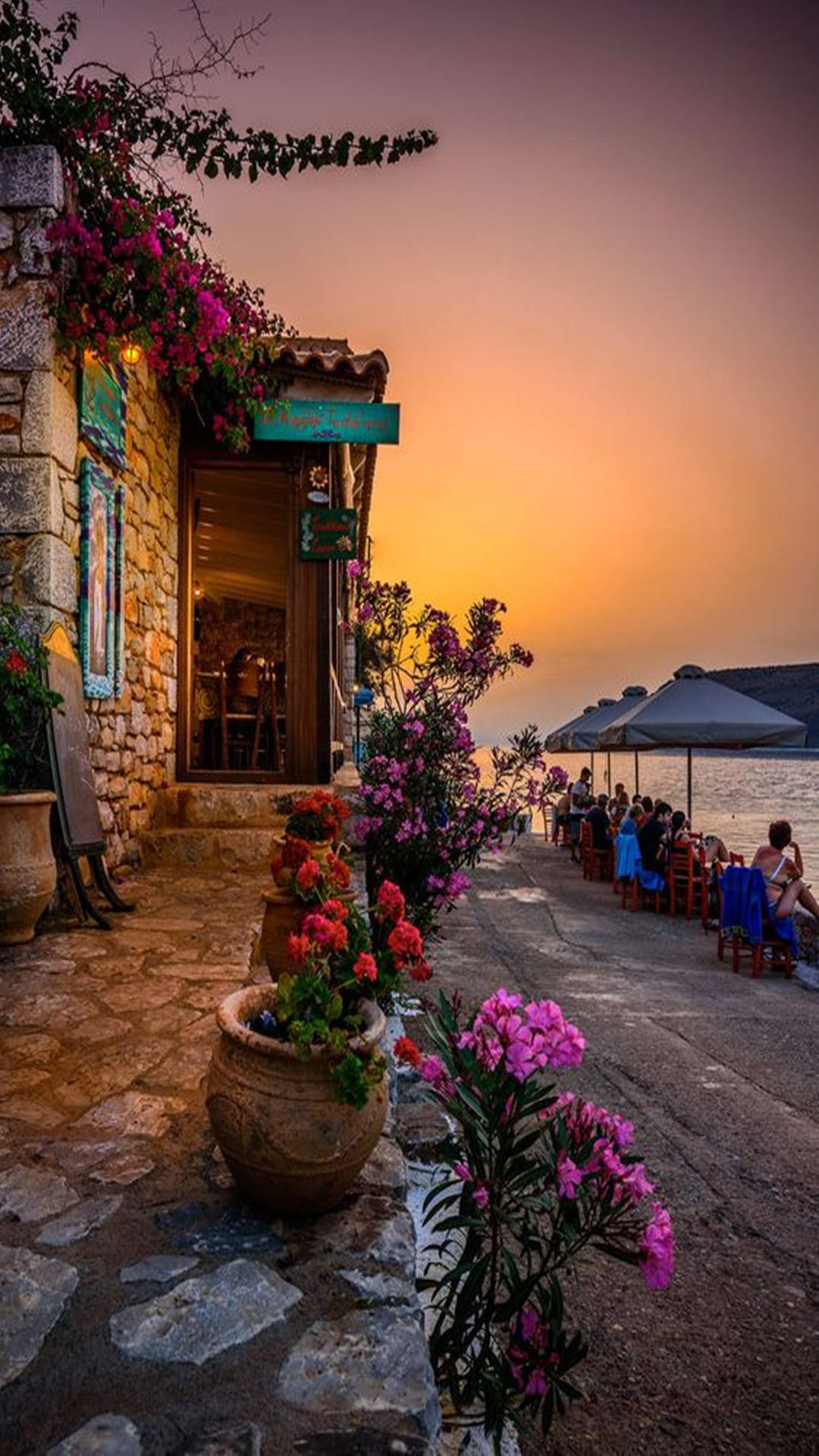 Limeni Village Sunset And Flower Mobile Wallpaper