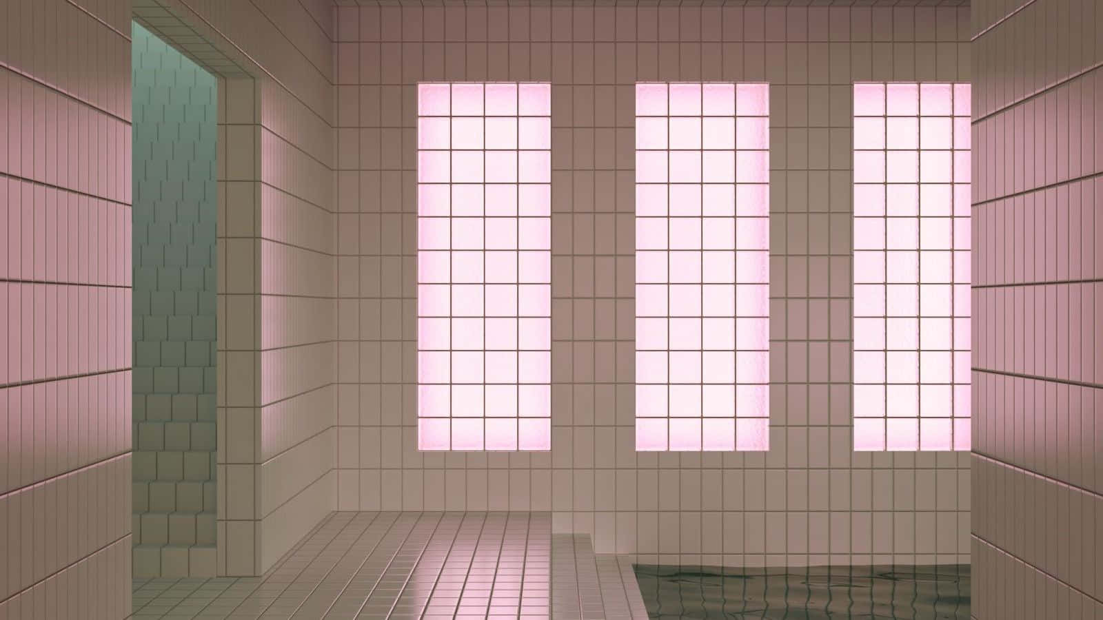 Liminal Space_ Pink Tiled Room With Windows Wallpaper
