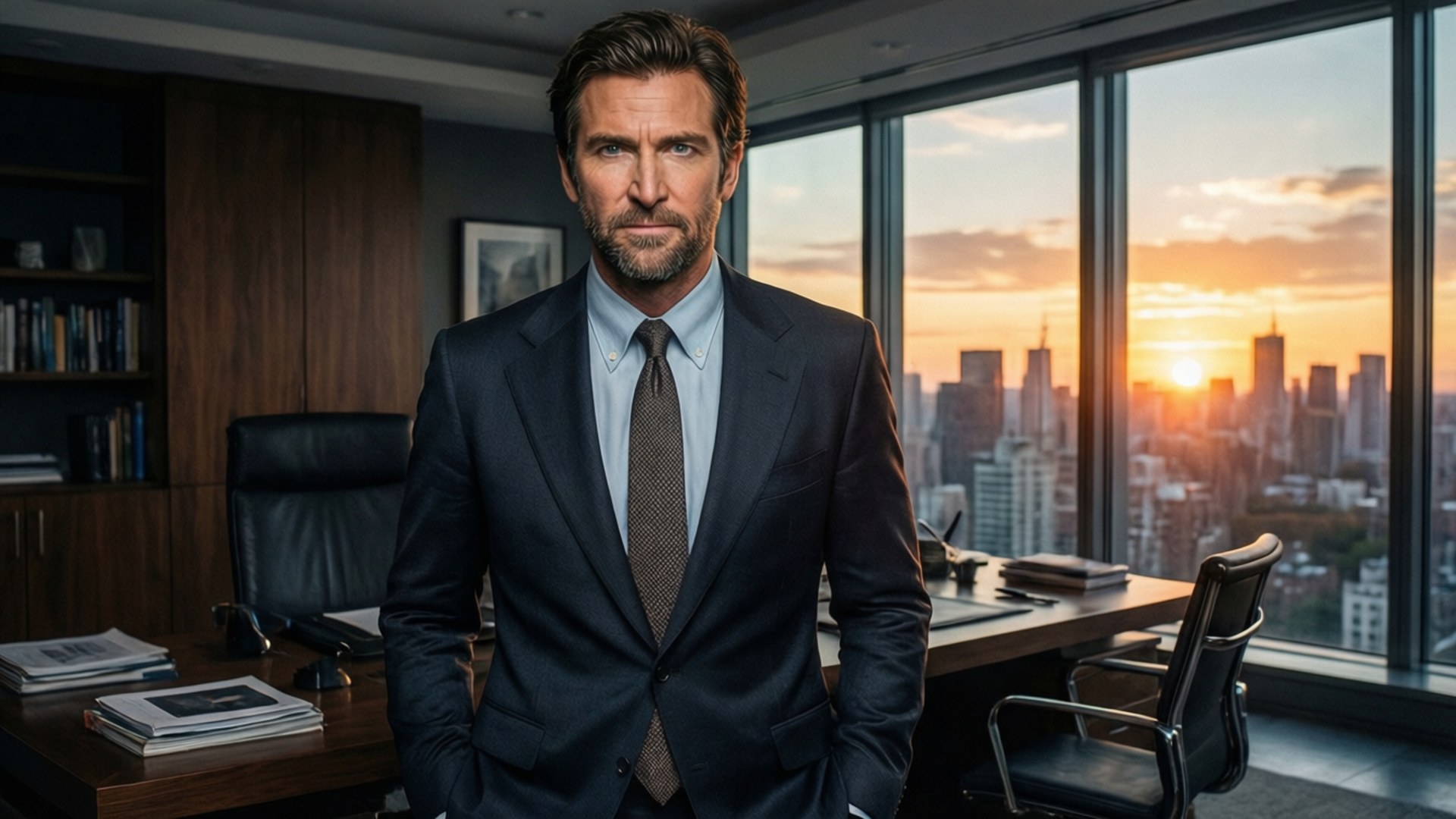 Bradley Cooper in abito in un ufficio moderno con vista sulla città da Limitless