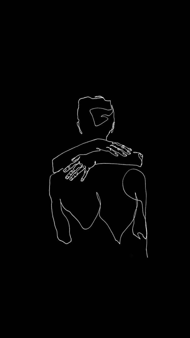 Black-Themed Line Art Couple Hugging Wallpaper