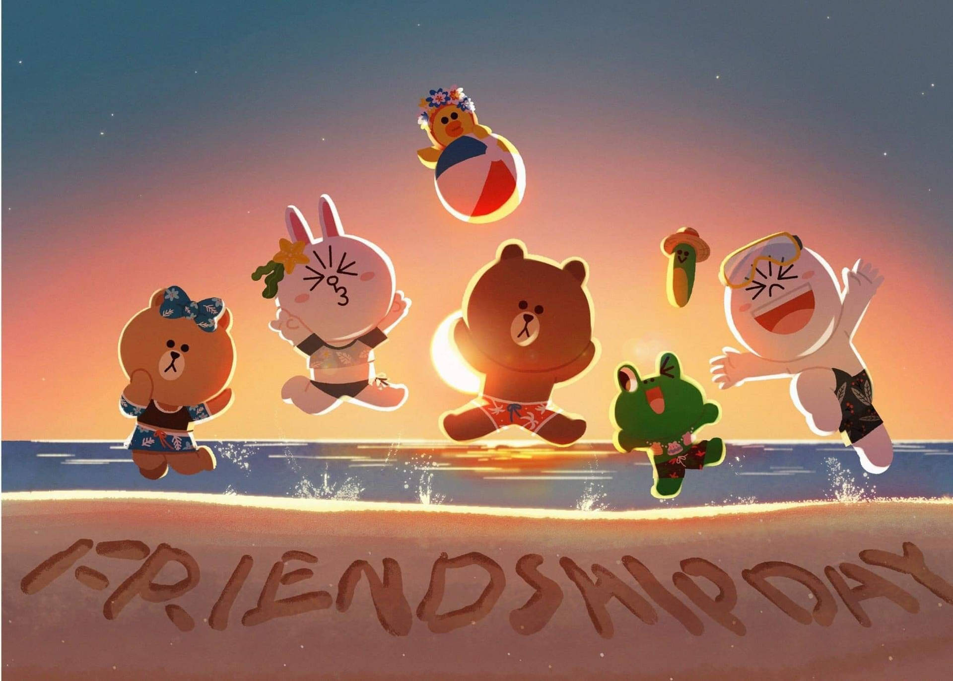 Line Friends At The Beach Background