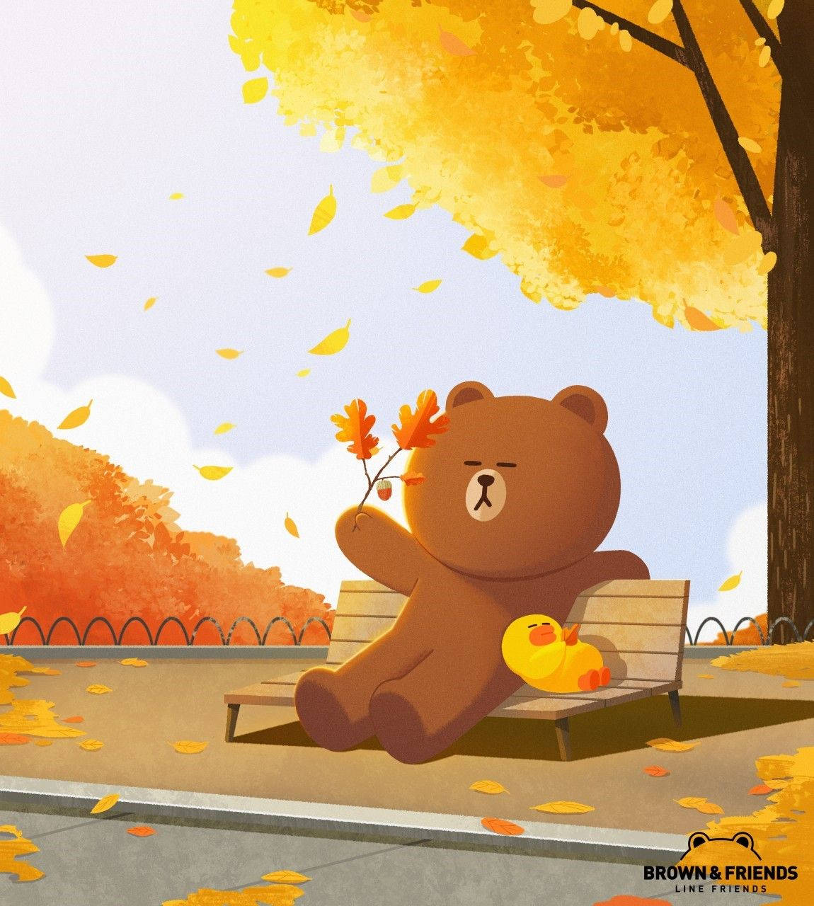 Line Friends Brown And Sally In Autumn Background