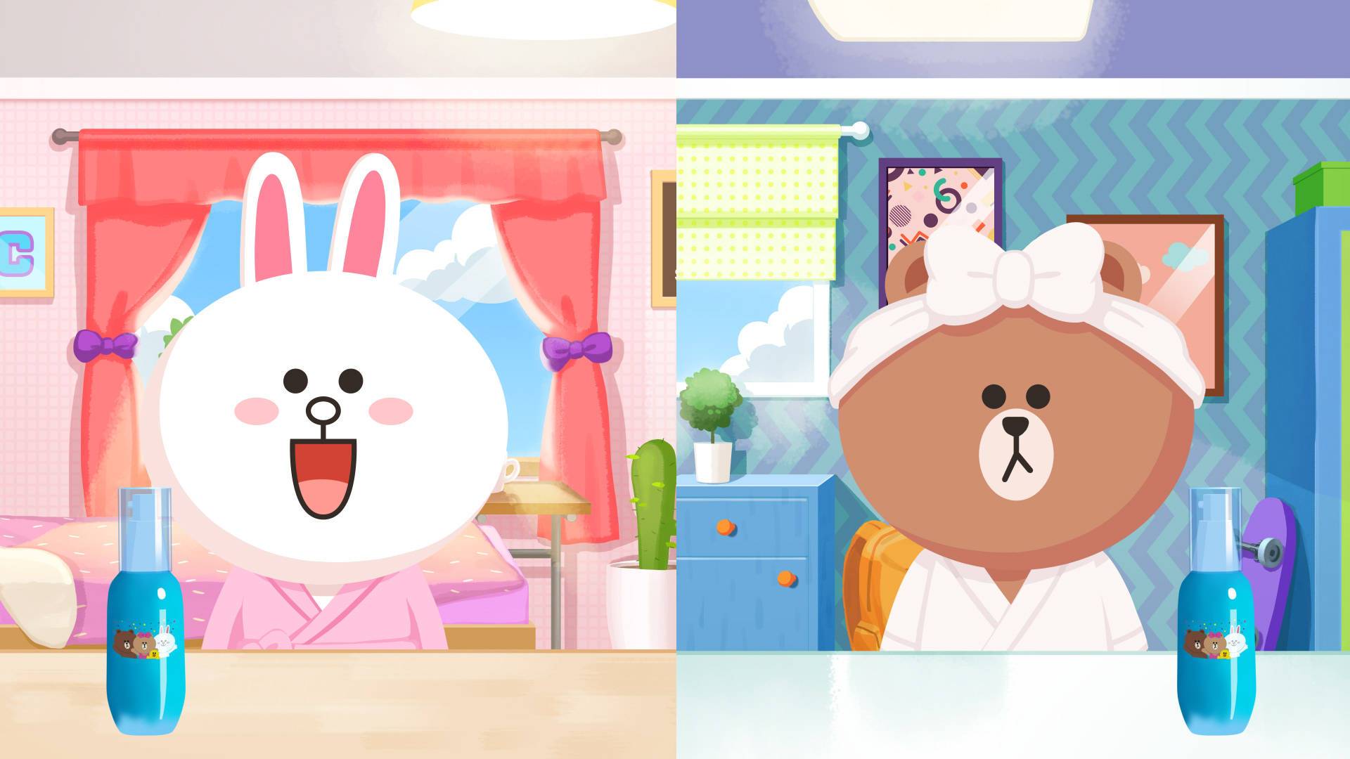 Line Friends Cony And Choco In A Robe Background