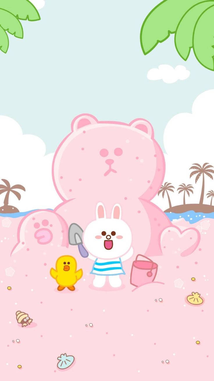 Line Friends Cony And Sally Pink Sand Background