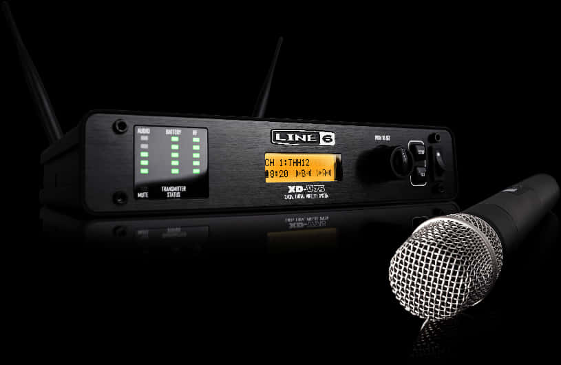 Line6 Wireless Microphone System PNG — A black Line 6 XD-V75 wireless microphone transmitter with glowing green indicators and an attached microphone rests on a reflective surface against a dark background.