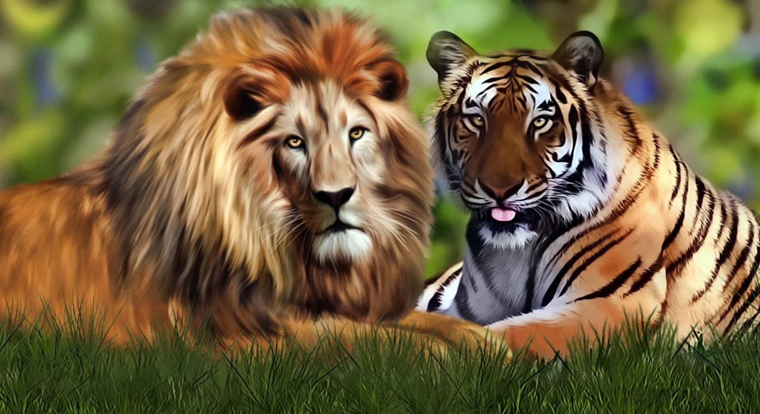 Lion And Tiger Art In Grass Wallpaper