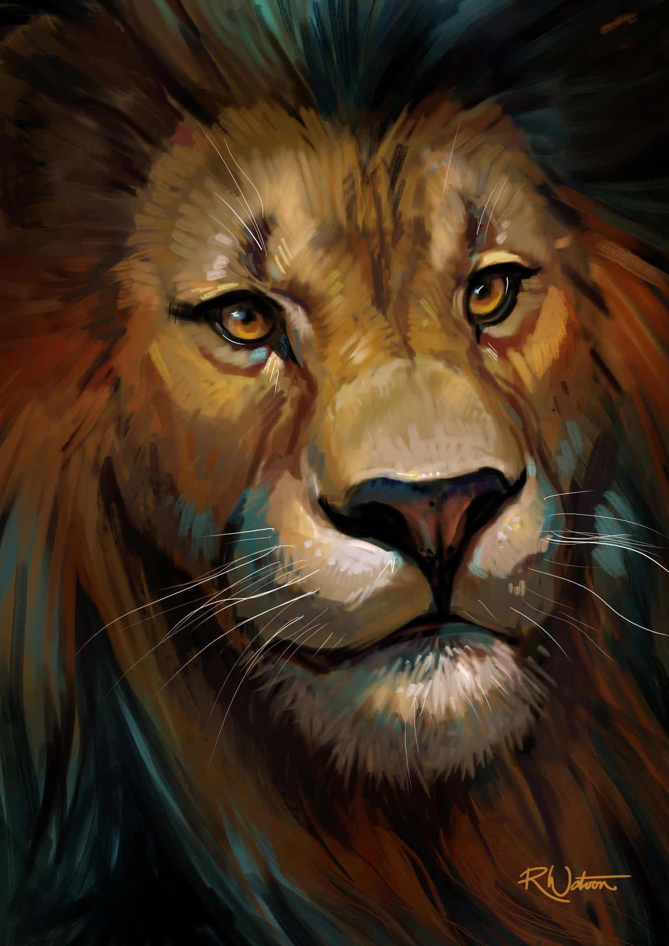 En maleri af en løve med en stor hoved
