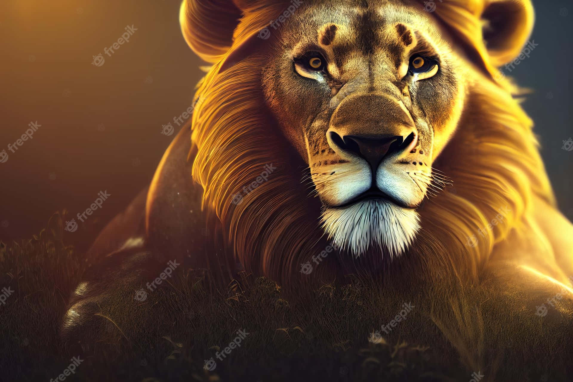 Løve i græsset med solnedgang baggrund