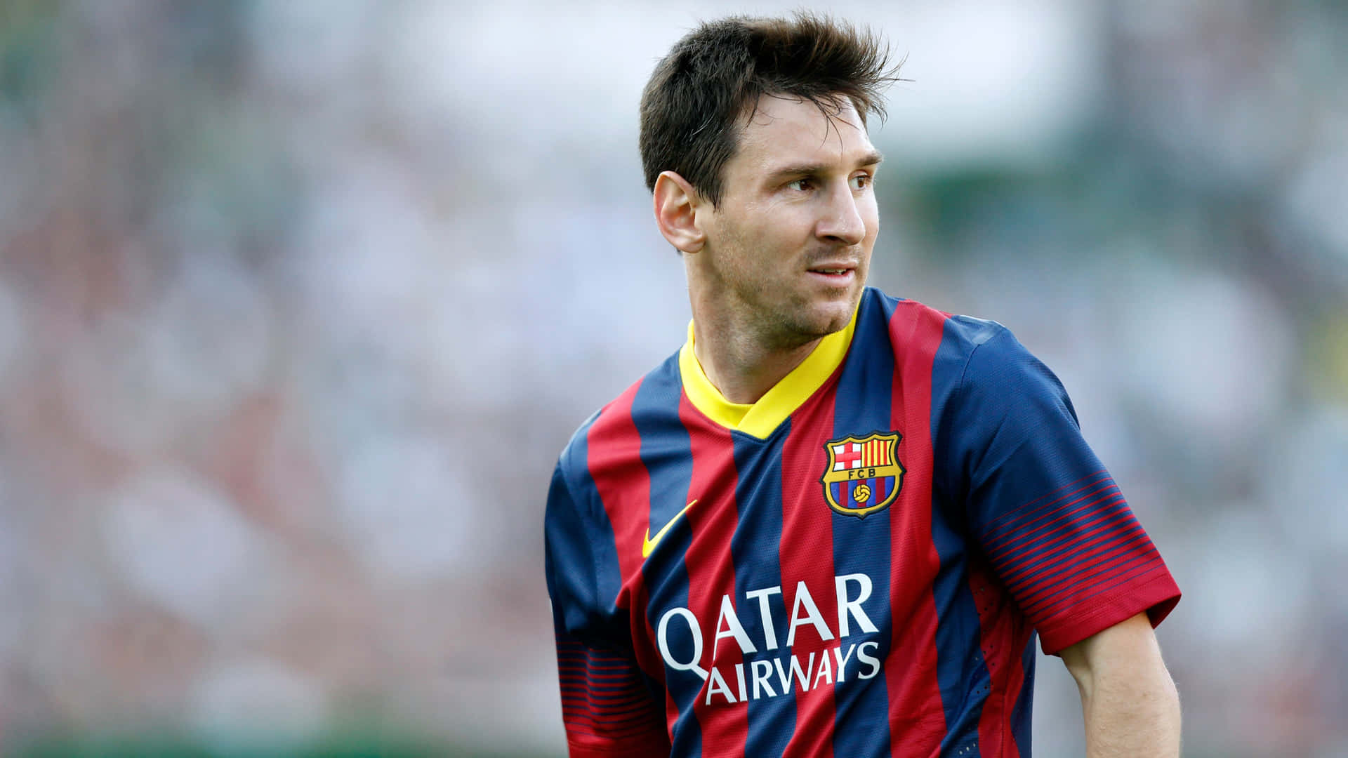 Lionel Messi Barcelona Uniform Qatar Airways Sponsor Wallpaper