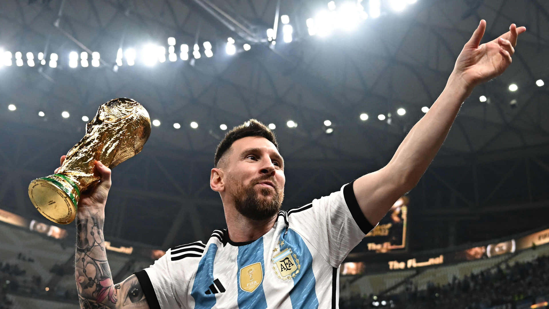Lionel Messi Celebratingwith World Cup Trophy4 K Wallpaper