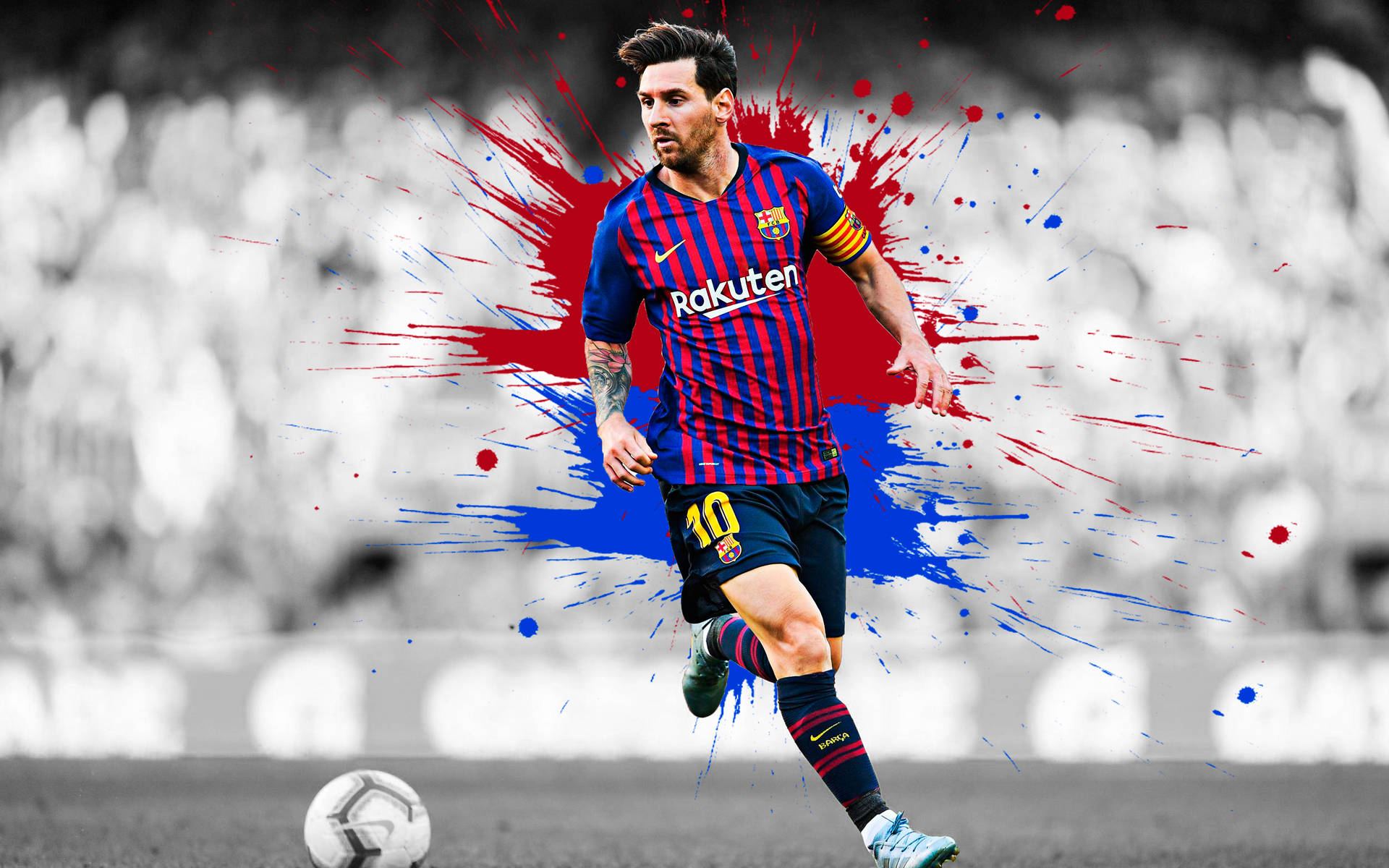 Lionel Messi FCB Fan Edit Tapet: Et tapet med et portræt af Lionel Messi sammen med Barcelona F.C.'s logo. Wallpaper