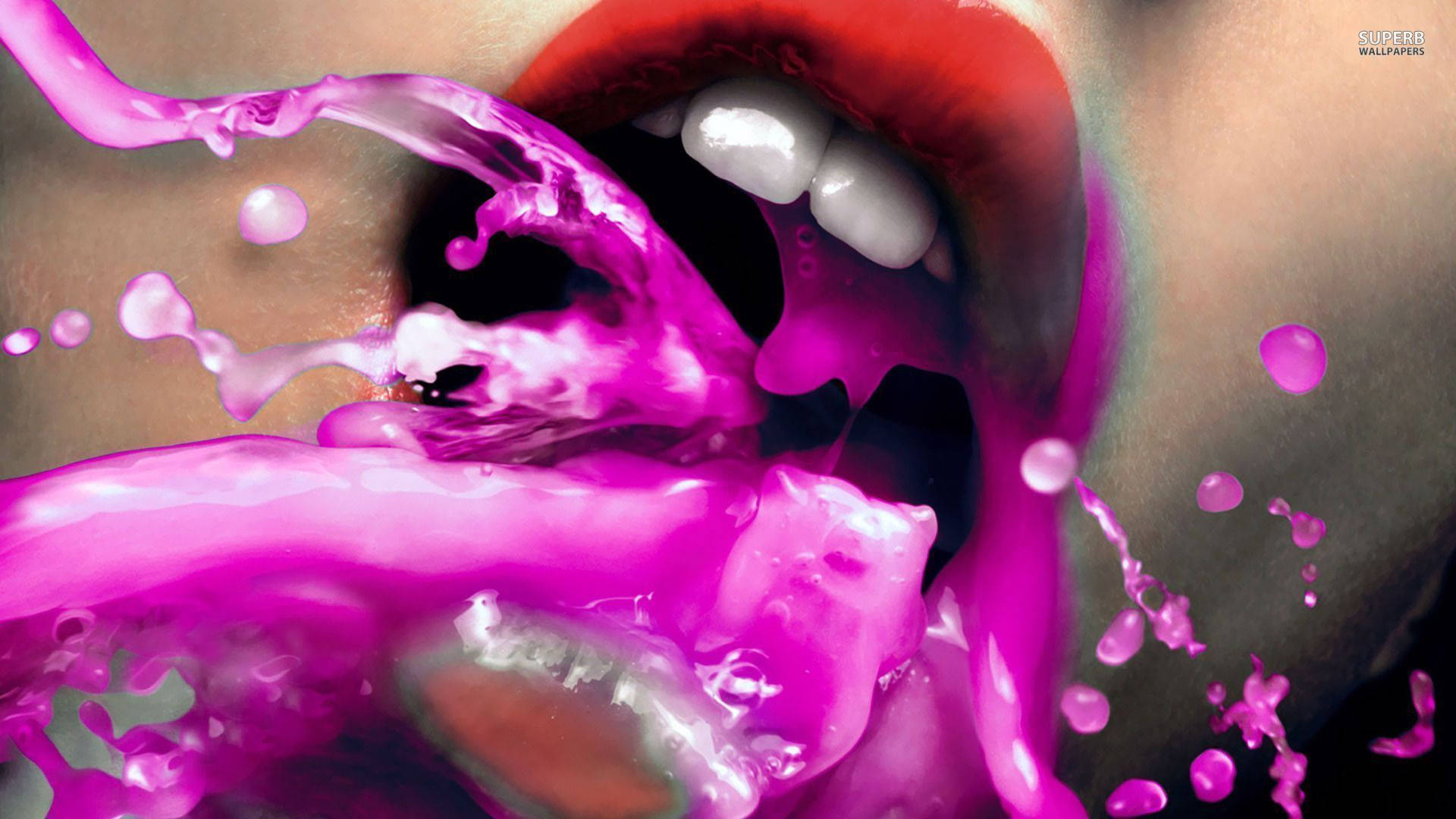 Lips Spitting Pink Liquid Wallpaper