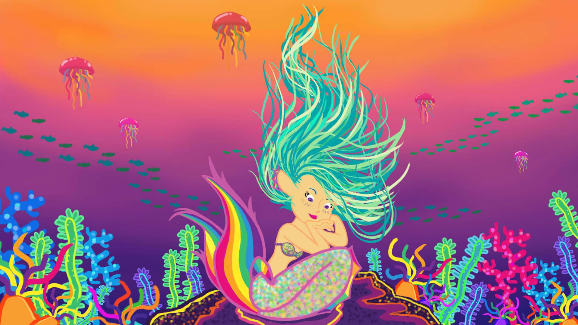 A Mermaid With Colorful Hair Sitting On A Coral Reef