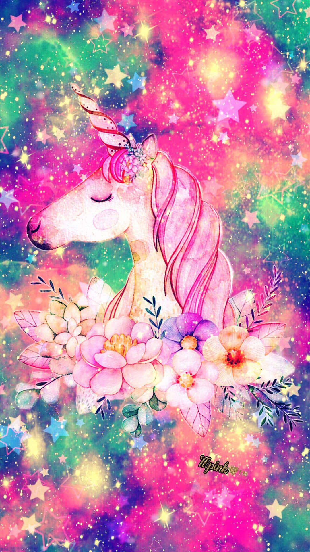 En unicorn med stjerner og blomster i baggrunden. Wallpaper